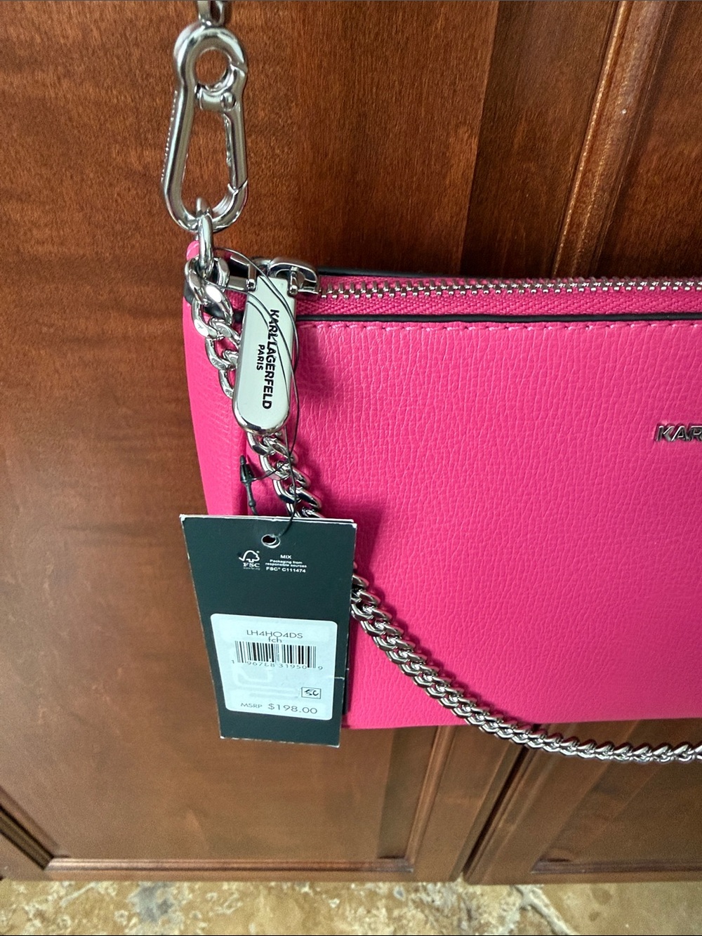 KARL LAGERFELD NWT Fuchsia Leather Crossbody with Silver Chain - Picture 4 of 10